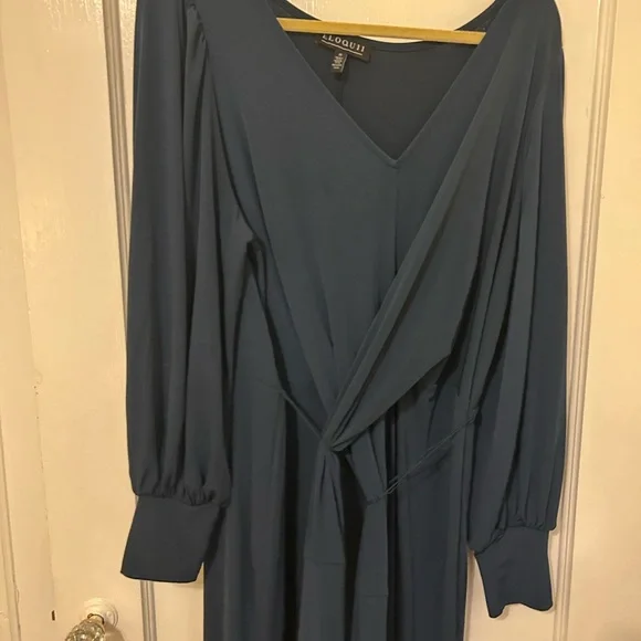 Eloquii Elegant Long Sleeve Wrap Waist Dress in Navy - Picture 7 of 9